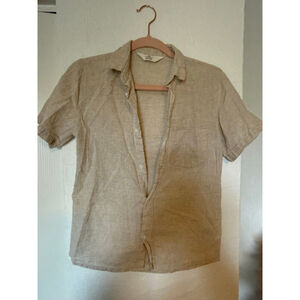 Preowned, natural beige H&M short-sleeve linen button-up shirt, size 12